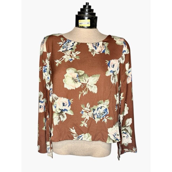 ASTR The Label Blouse Brown White Floral Bell Sleeve Scoop Top Women's Sz XS - Picture 1 of 7